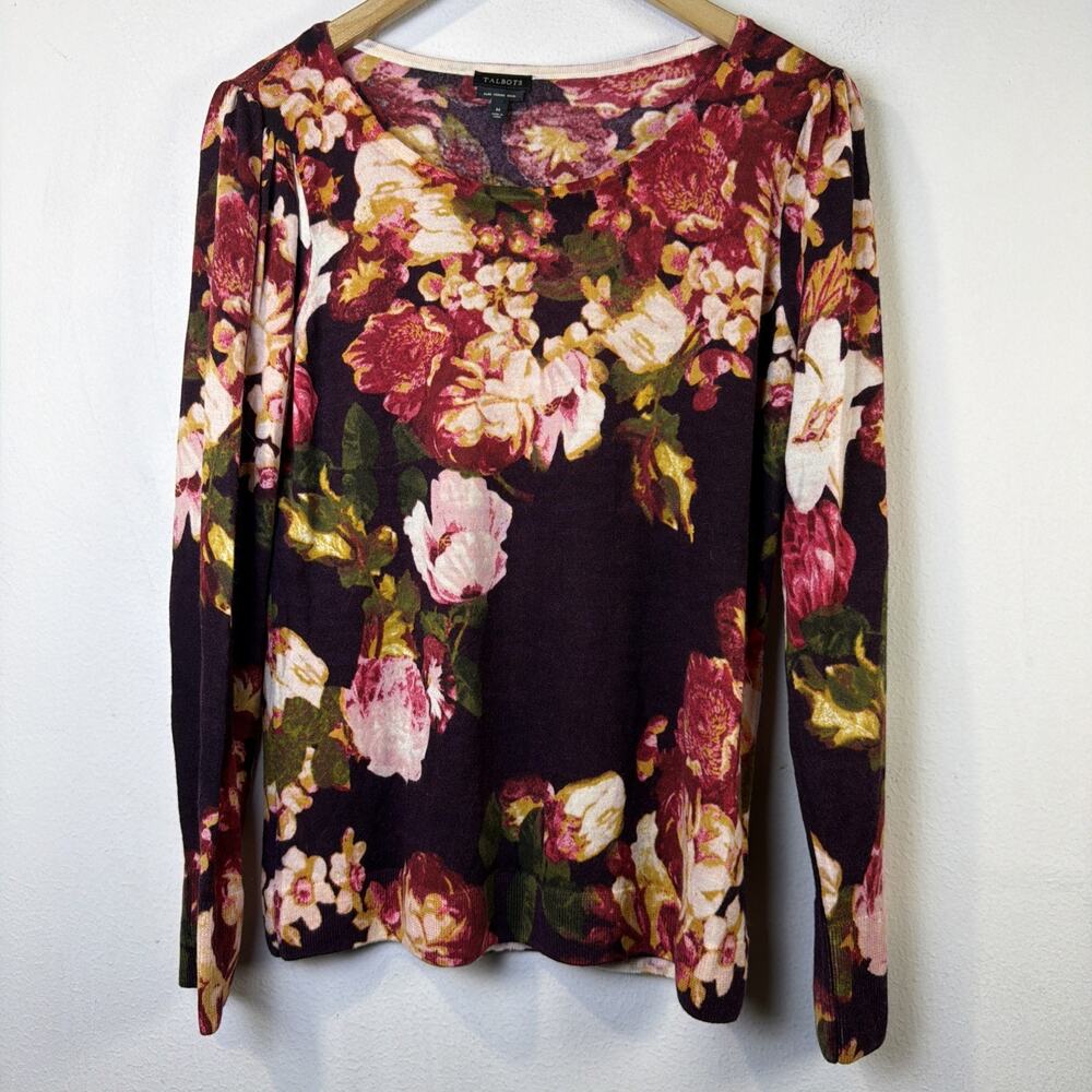 Talbots medium Merino Wool Floral Sweater puff sleeve Burgundy Pink lagenlook